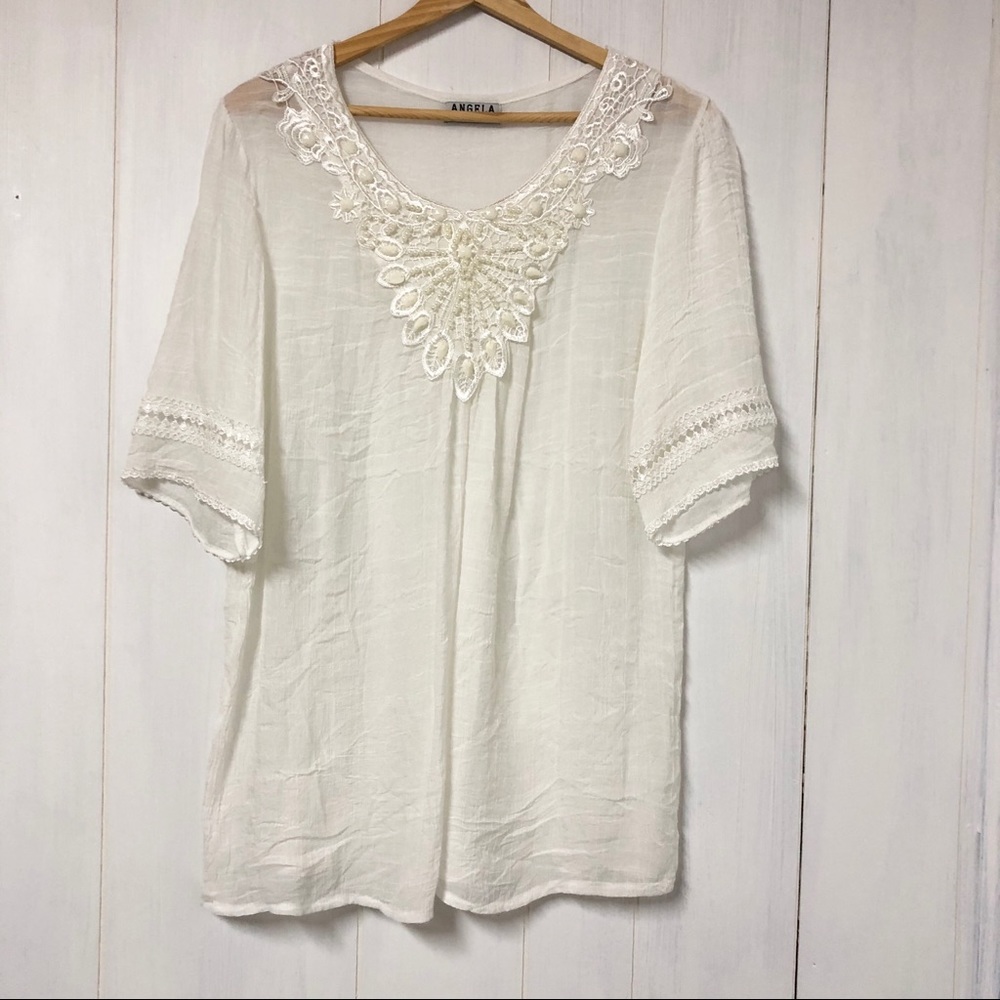 Embellished + Beaded White Boho Short Sleeve Top